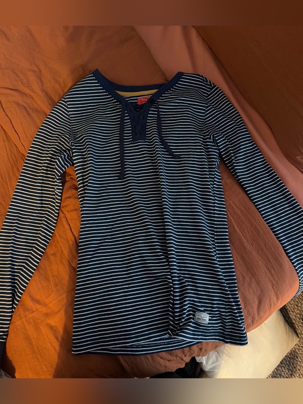 Kimes Ranch Navy and White Striped Top with Red Label